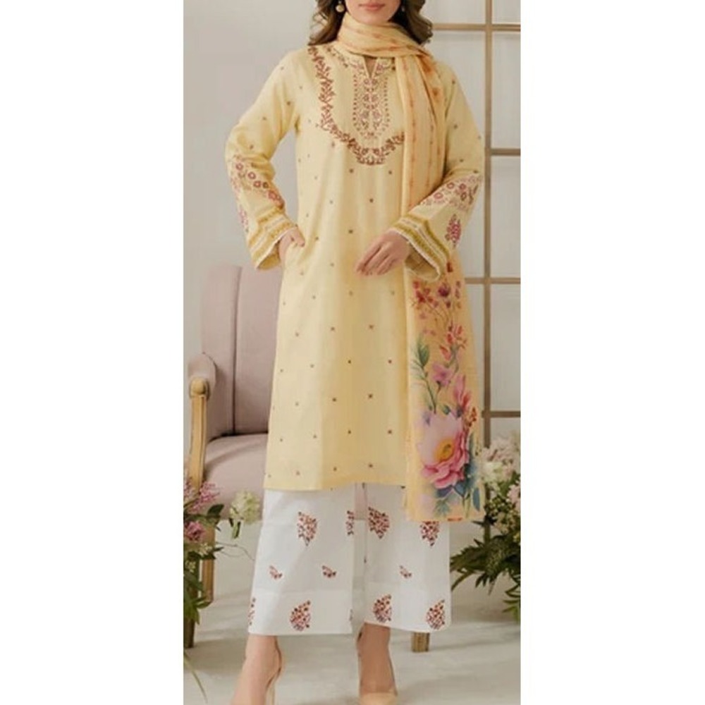 Safistylo Nurgul 3pc Linen Kurta & Pants w/ Chiffon Dupatta Set Yellow Floral -M
